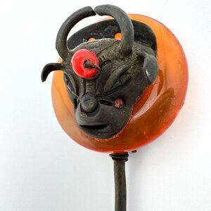 Antique Chinese Hairpin With Ox Motif Carnelian? & Metal Design